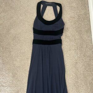 Yigal Azrouël Navy Blue Halter Evening Gown with Velvet Waist Detail | Size S
